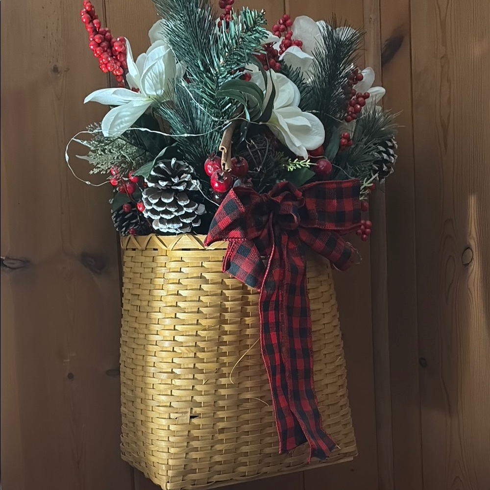 Holiday Pine & Berry Wall Basket Arrangement - Red, White, Green
